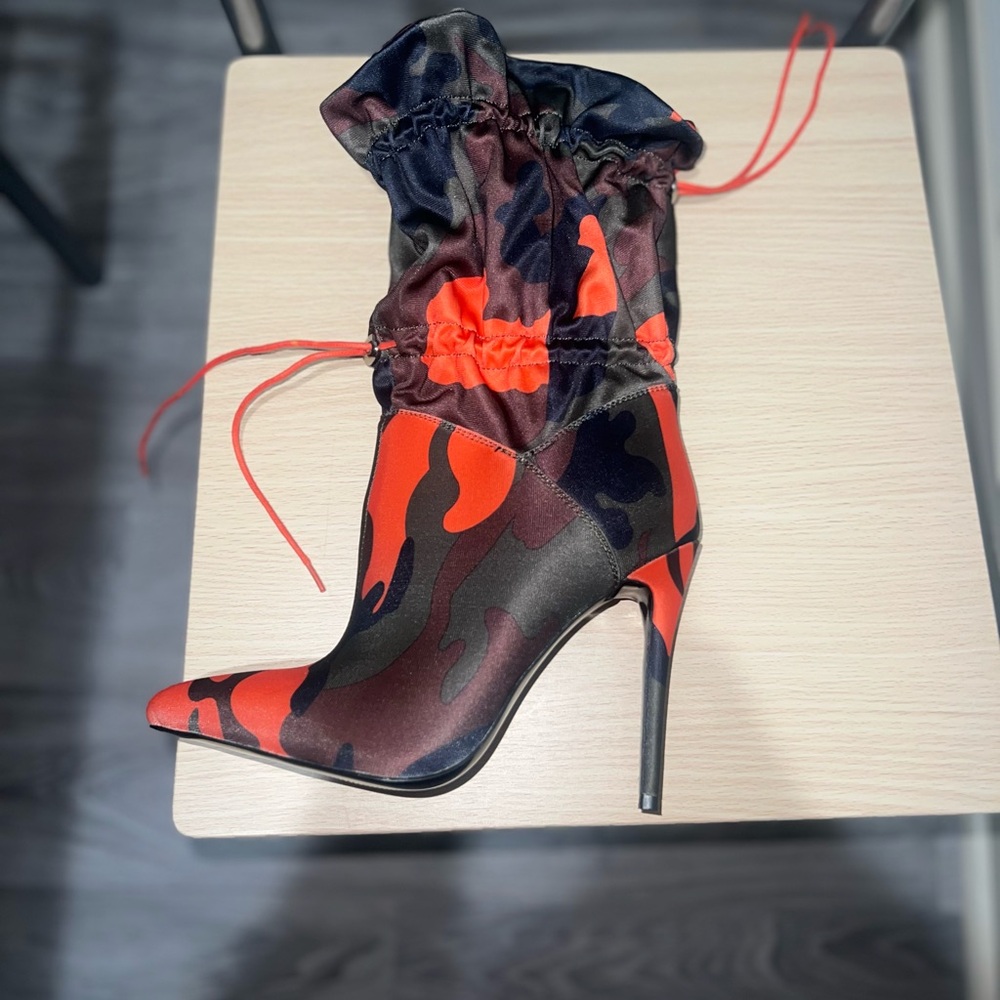 AKIRA Red and Black Camouflage Heeled Boots